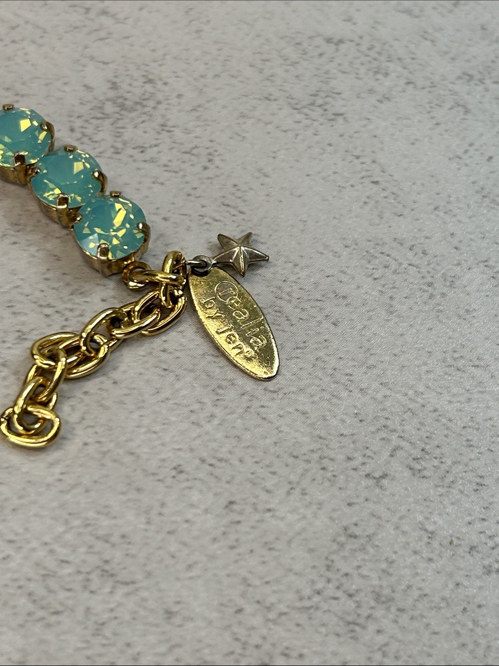 Gold Tennis Bracelet with Aqua Green Opal Crystals *See details on condition - Picture 7 of 9